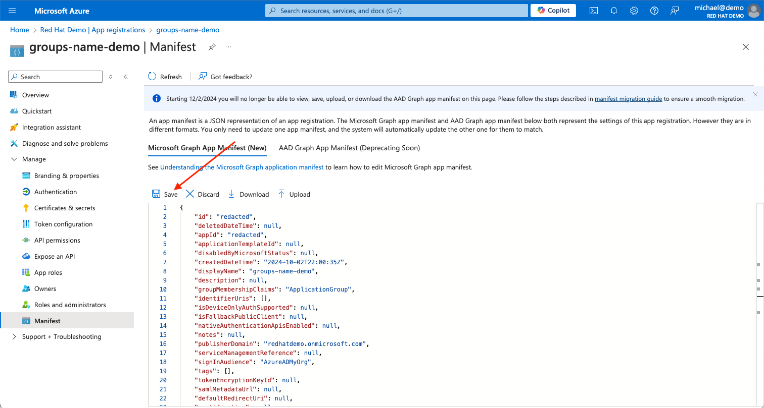 Azure Portal - App registration manifest with arrow pointing at the Save button